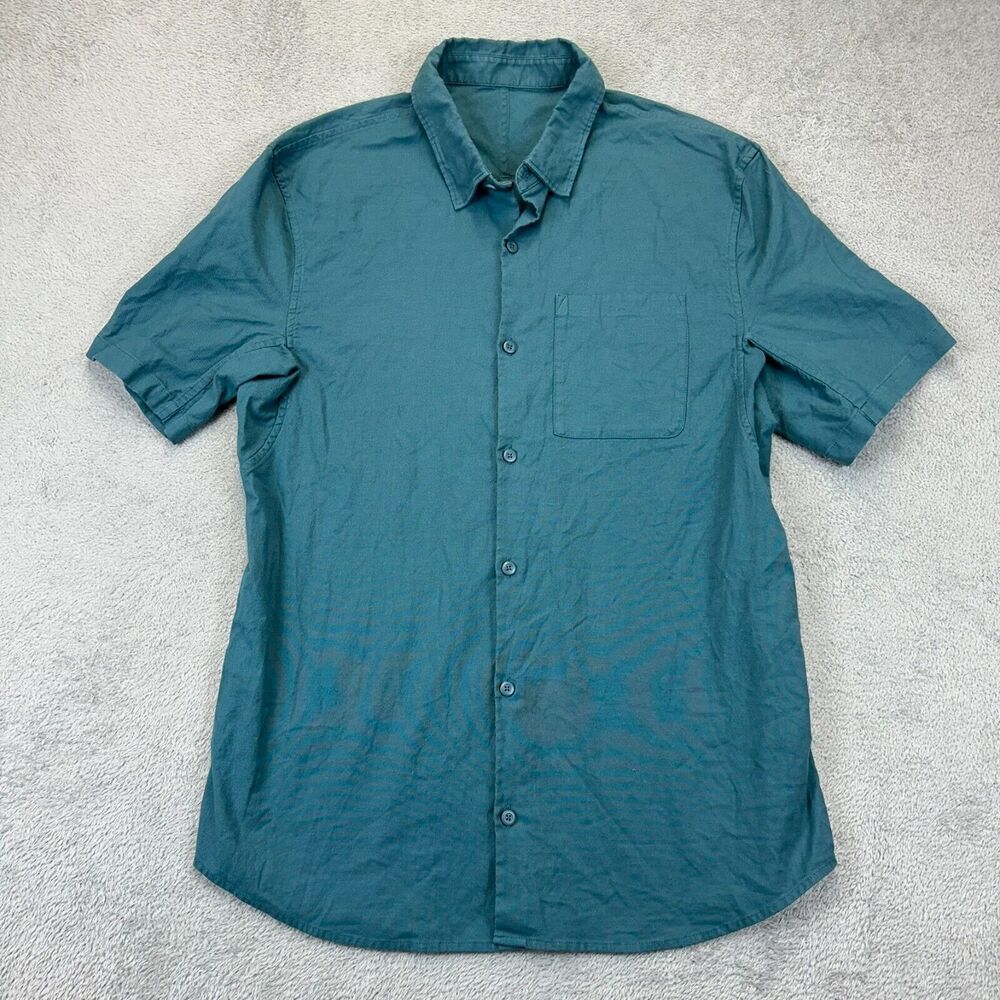 Lululemon All town Men’s M Button Up Short Sleeve Shirt Blue Green